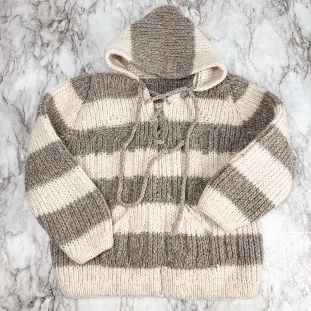 Vintage Thick Hand Cable Knit Striped Hooded Wool Sweater Boys Small Classic